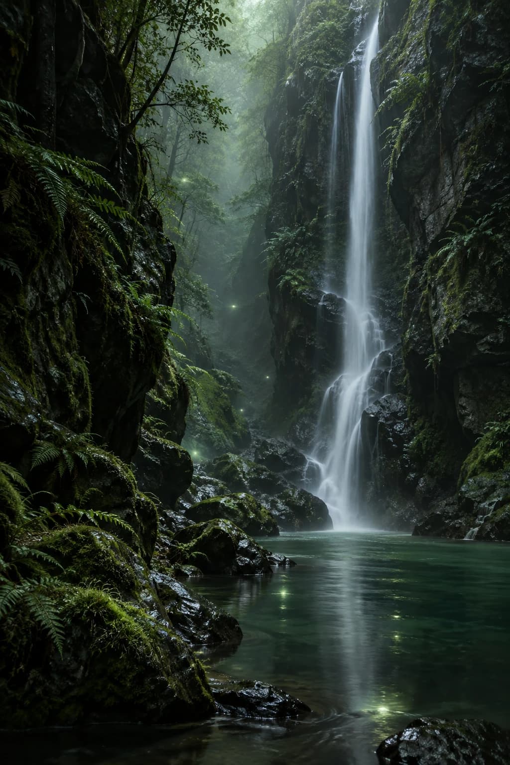 A waterfall descending through a shadowed, mossy forest ravine.