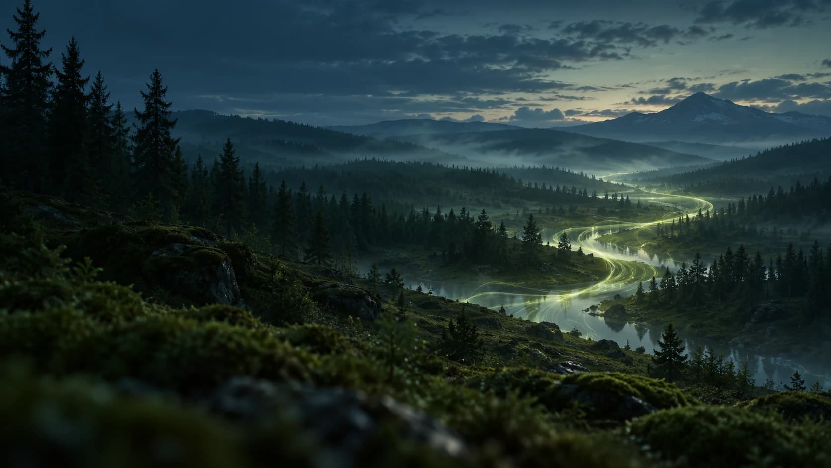 A misty forest valley with a soft stream of light.