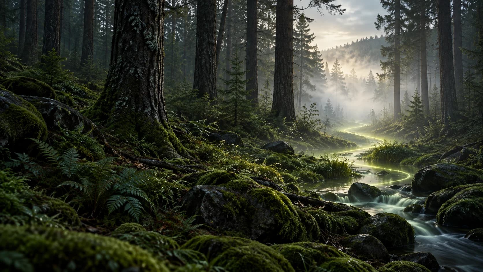 A misty pine woodland with soft green light tracing the forest floor.